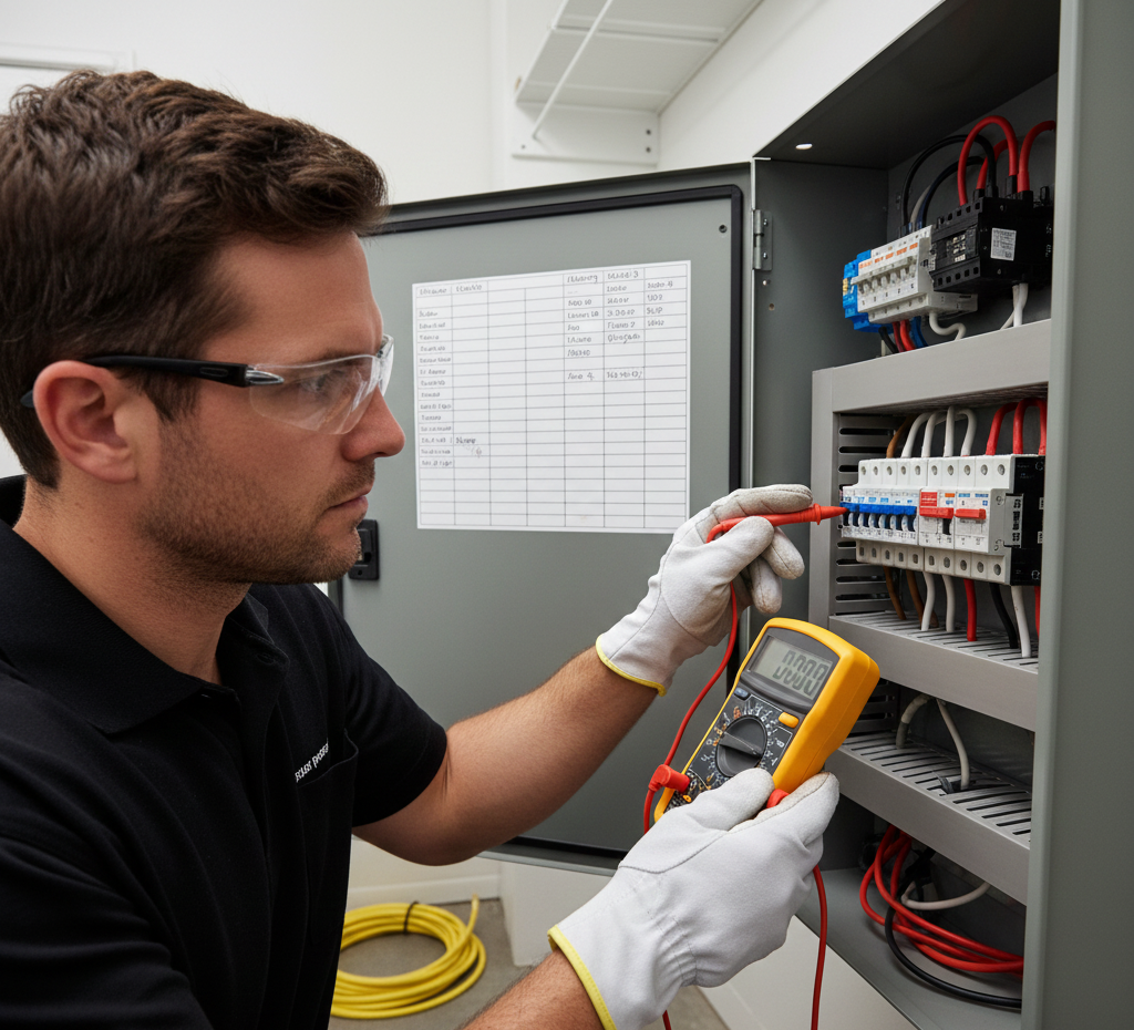 Electrician uses a multimeter to test wiring inside a metal electrical panel. He wears safety glasses and gloves.