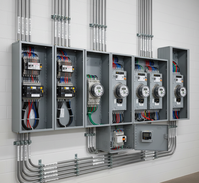 Electrical panels with conduits, wires, and meters mounted on a gray wall.