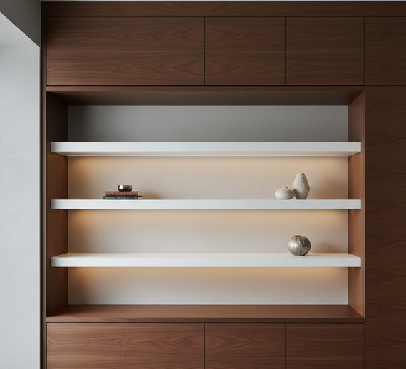 Built-in wooden shelving unit with white shelves. Lit from behind, displaying decorative objects.