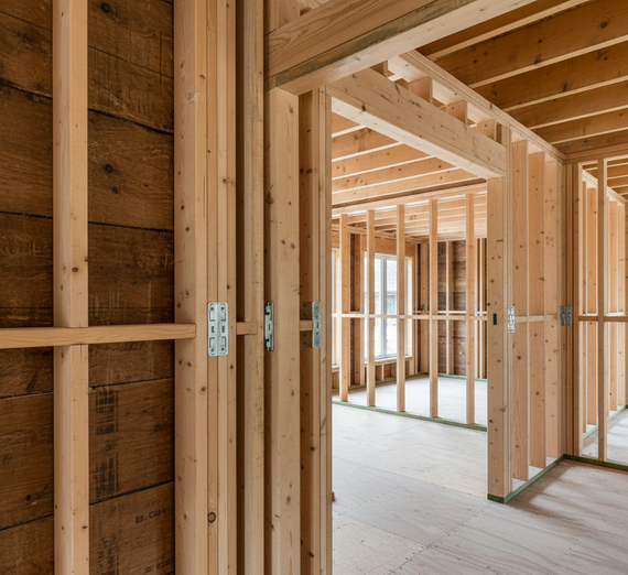 Interior of a building under construction, showing wooden wall framing and doorway.