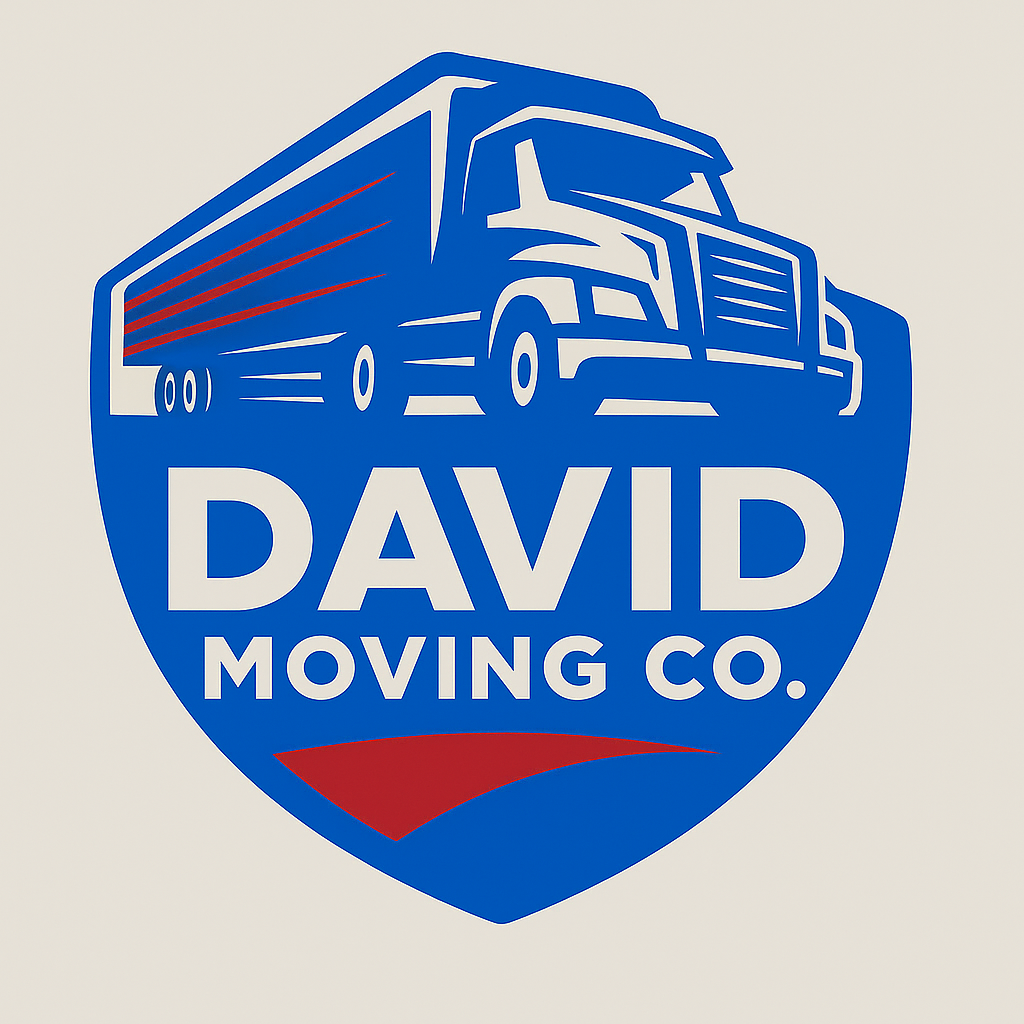 The logo for david moving co. is blue and white on a white background.