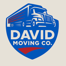 The logo for david moving co. is blue and white on a white background.