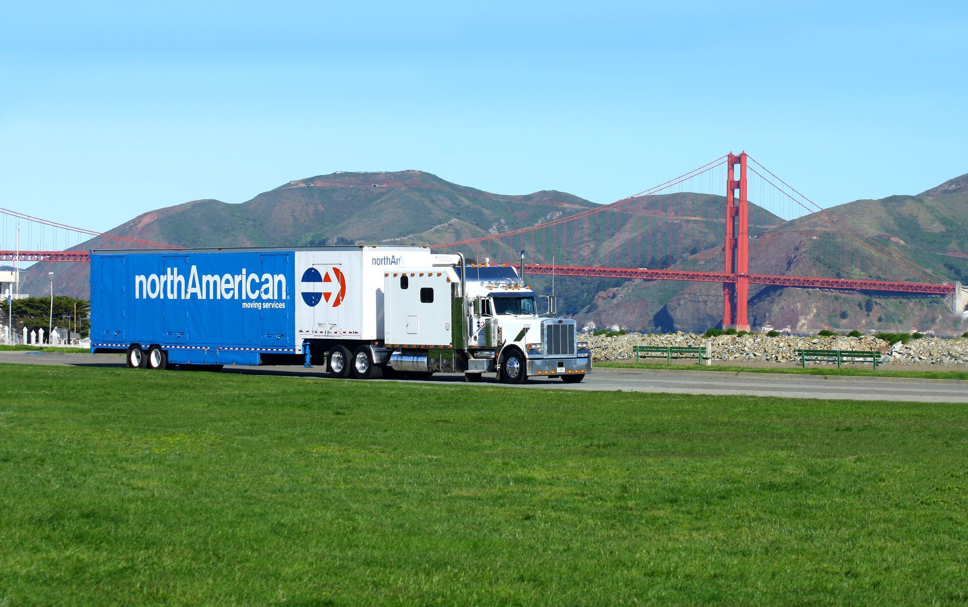 A truck with a trailer that says north american on it
