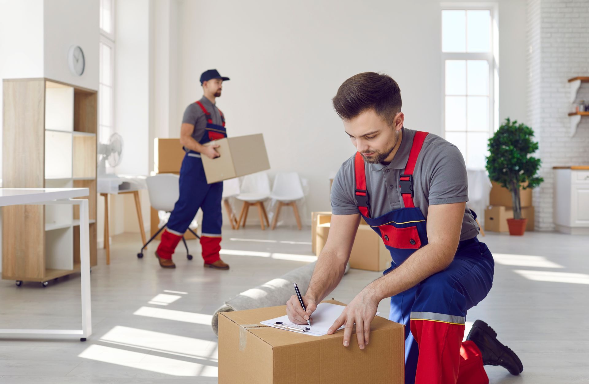 A man is writing on a piece of paper on top of a cardboard box.