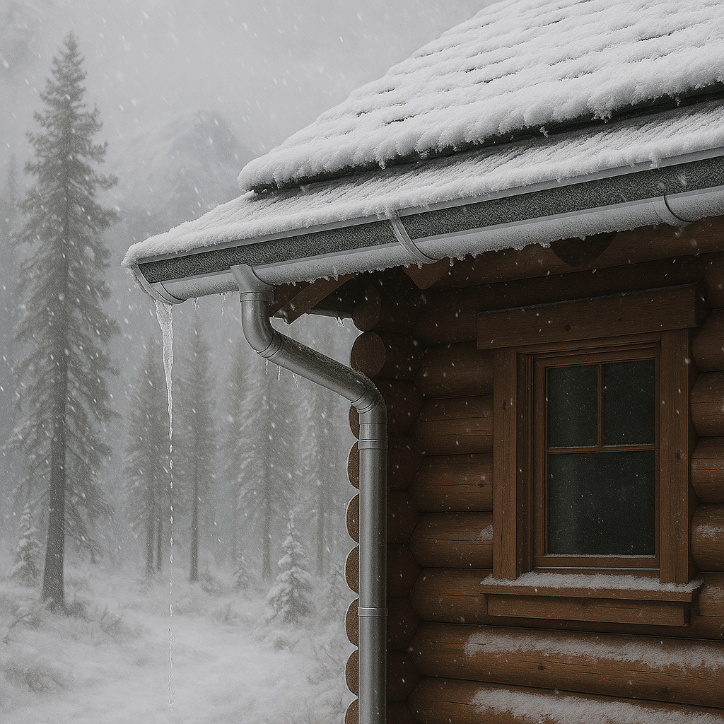 A log cabin covered in snow with icicles hanging from the gutter