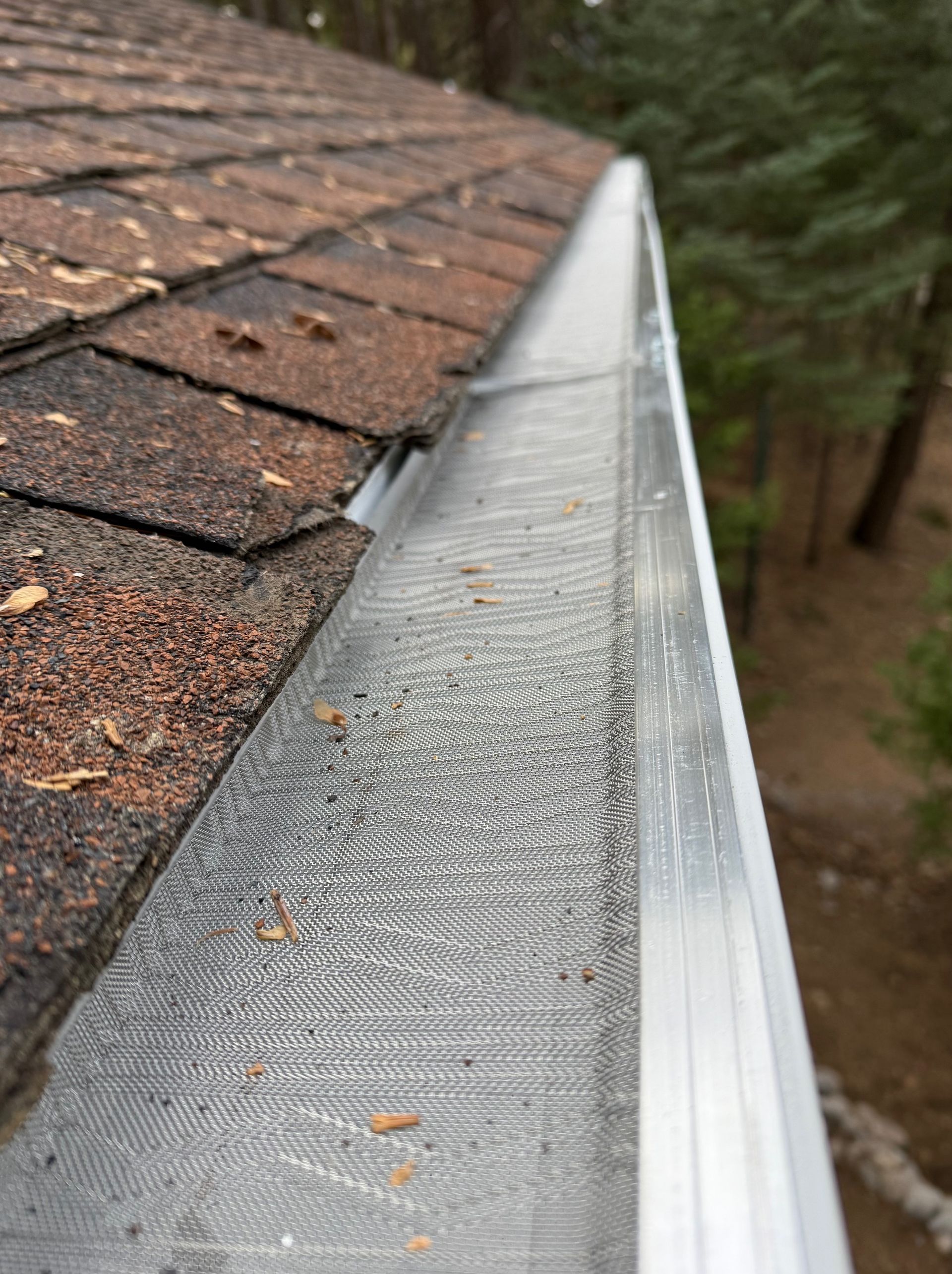A close up of a gutter on the roof of a house.