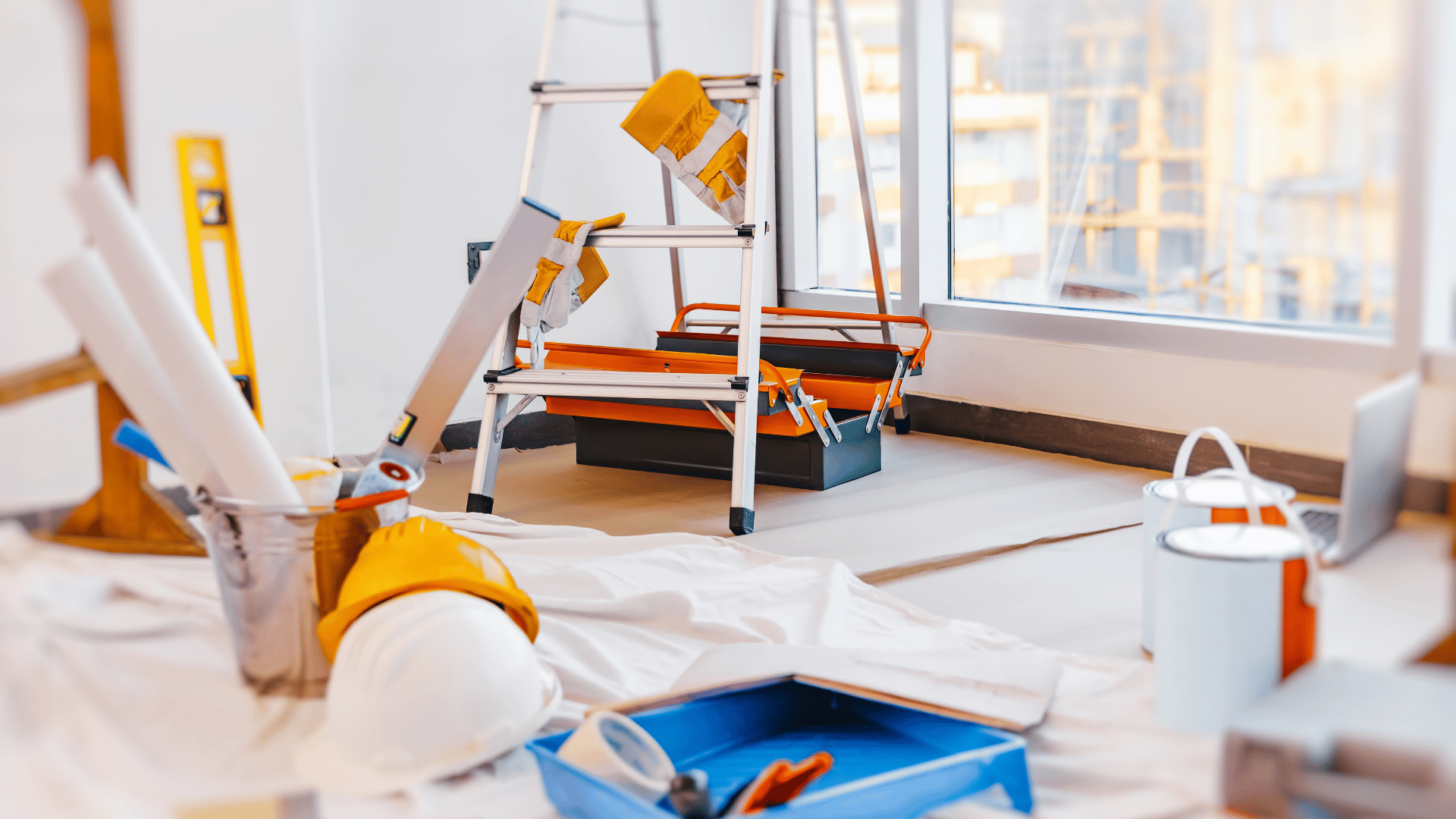 A room under construction with a ladder , tools , and a laptop.