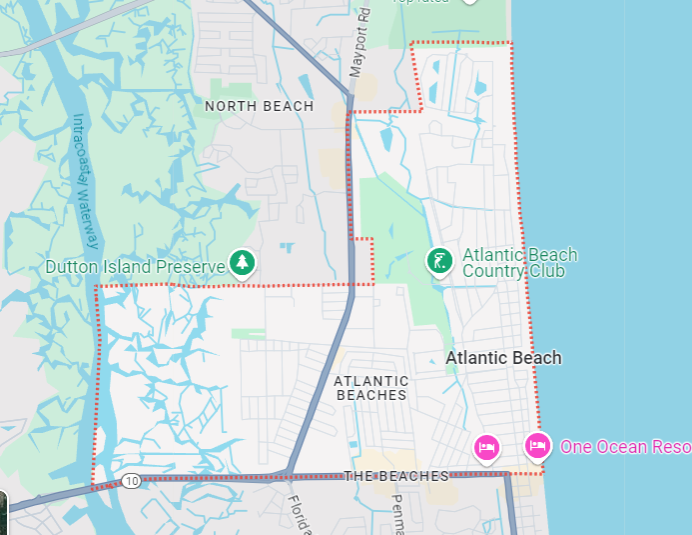 A map showing the location of atlantic beach in jacksonville , florida.