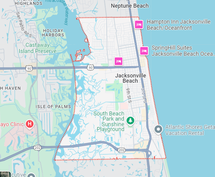 A map showing the location of a beach and a park.