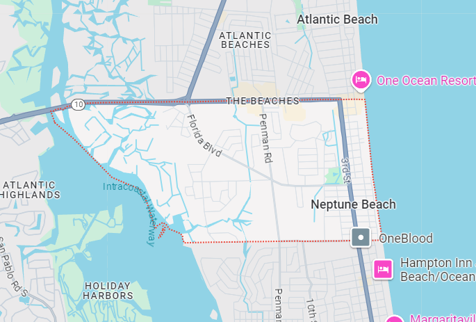 A map showing the location of neptune beach in jacksonville , florida.