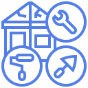 A blue and white icon of a house with a wrench , hammer , and scissors.