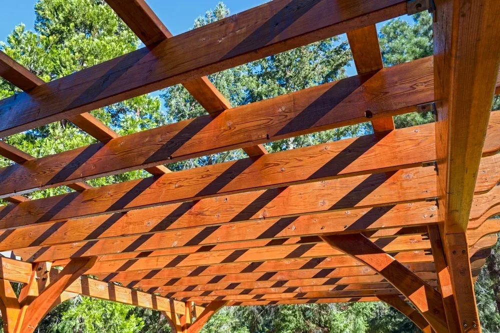 Wooden pergola casting shadow on itself, with blue sky and green trees visible. — Dimond J Carpentry in Sunshine Coast, QLD