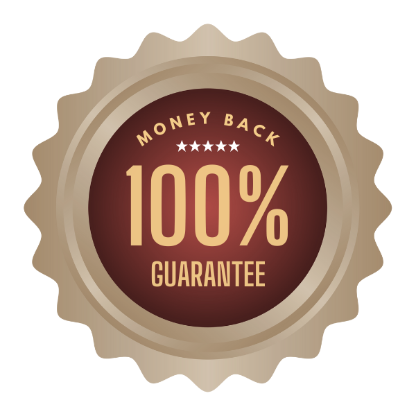 100% money-back guarantee badge, maroon and gold, round with star accents.