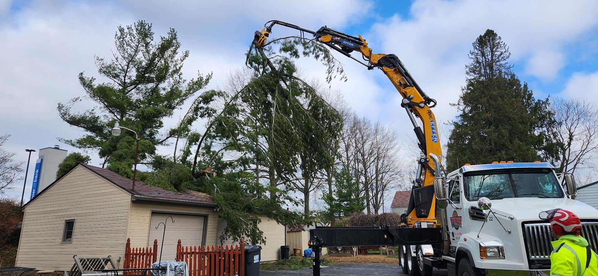Crane is Lifting a Tree in Front of a House — Masury, OH — Hackett's Tree Service