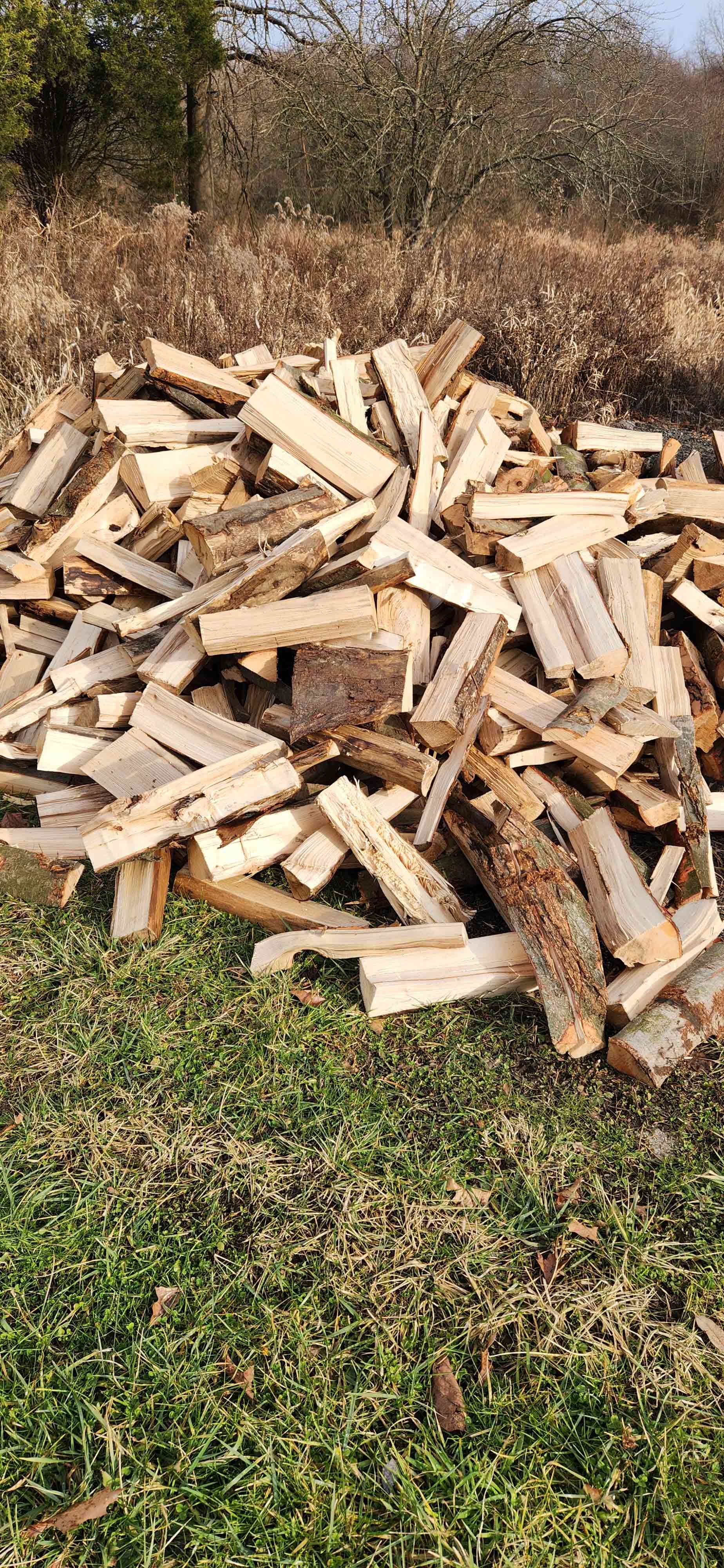 Pile of Wood is Sitting on Top of a Lush Green Field — Masury, OH — Hackett's Tree Service