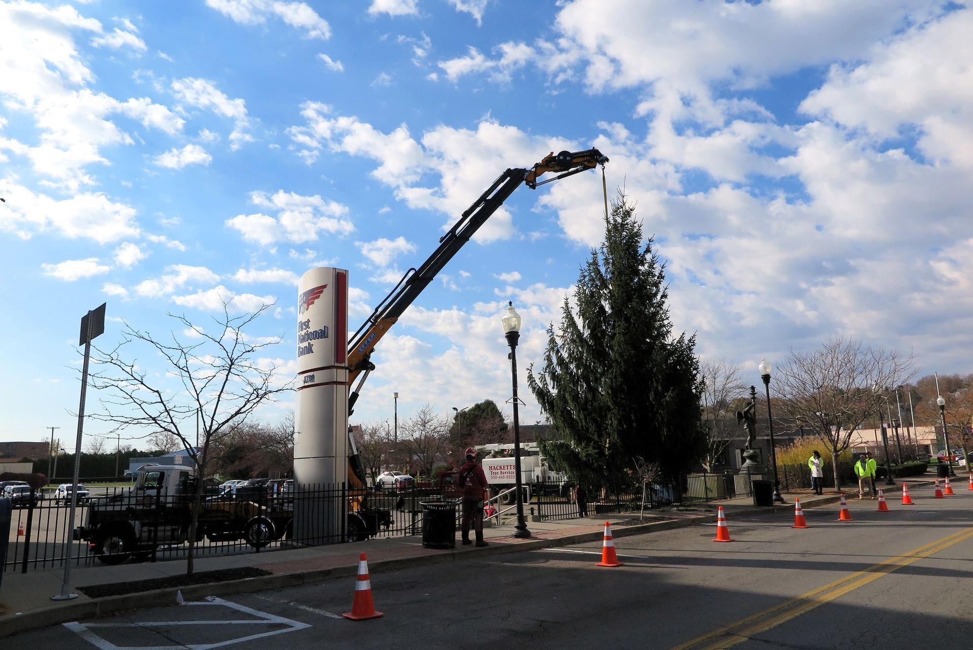 Crane is Lifting a Christmas Tree — Masury, OH — Hackett's Tree Service