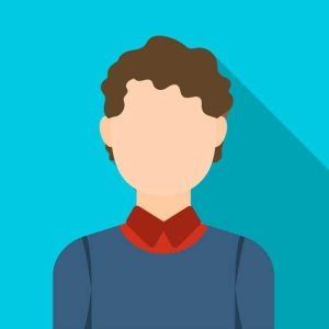 Illustration of a person with brown hair, faceless, wearing a blue shirt and red collar, on a blue background.