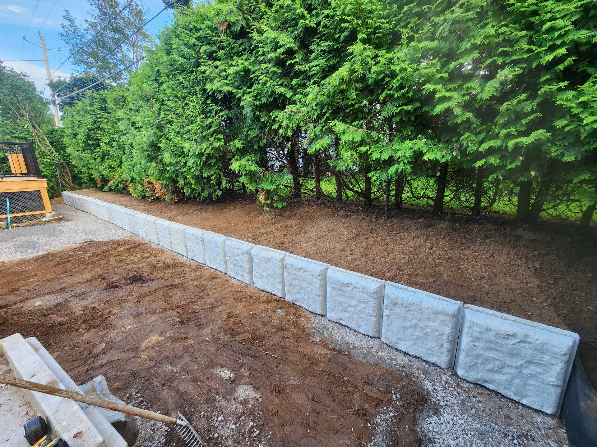 Un mur en béton est en cours de construction dans une cour avec des arbres en arrière-plan.