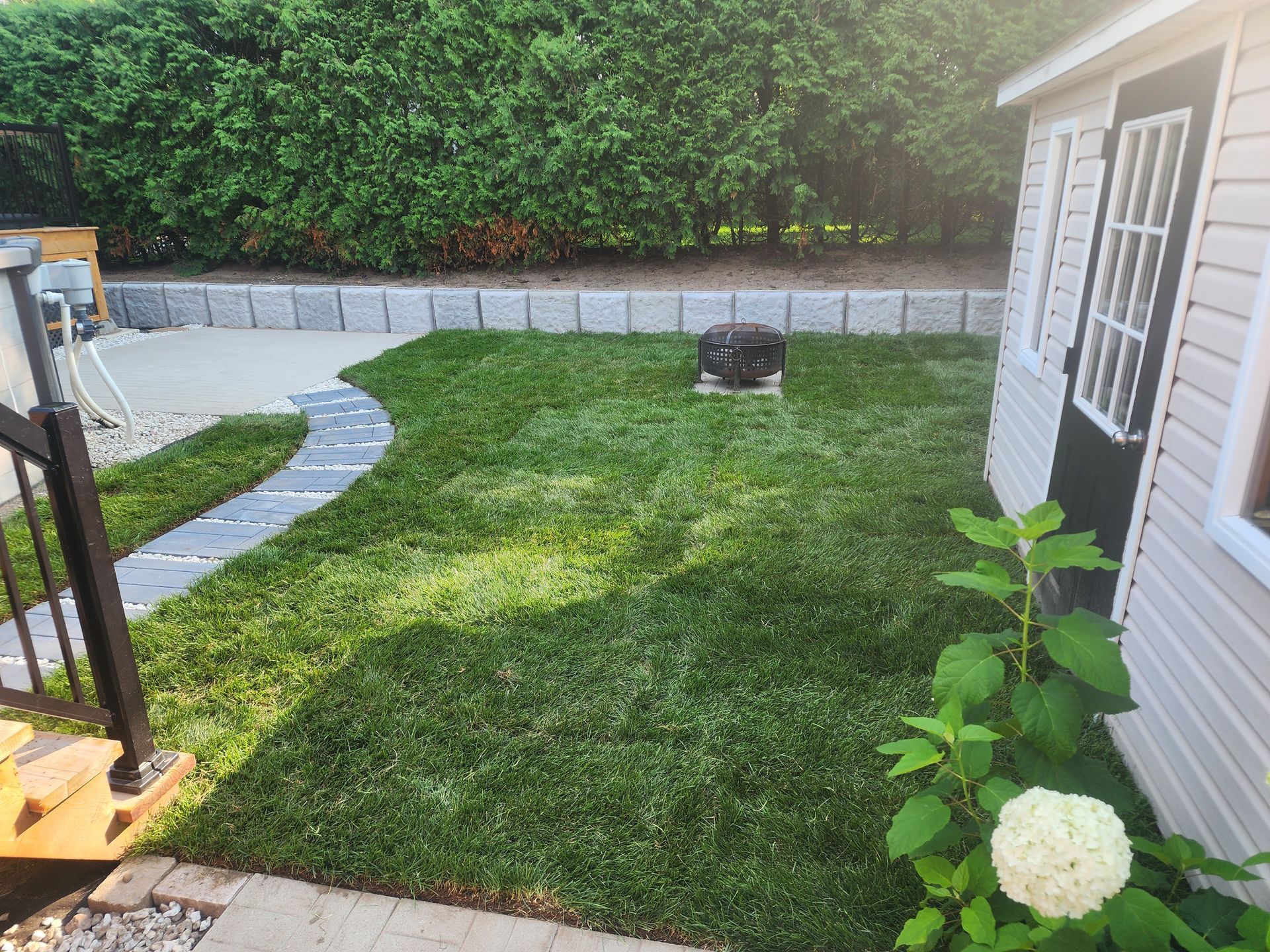 Une cour arrière avec un hangar et une pelouse verte luxuriante.