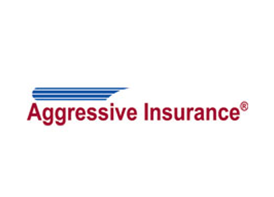 Logo for Aggressive Insurance: Red text, blue horizontal lines.
