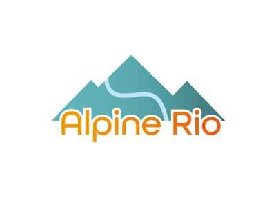 Logo: turquoise mountains with a winding blue river,