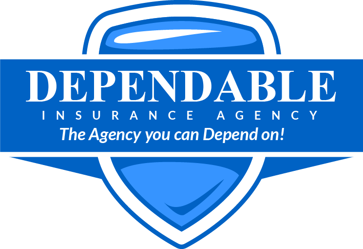 Logo for Dependable Insurance Agency, blue shield and banner with white text.
