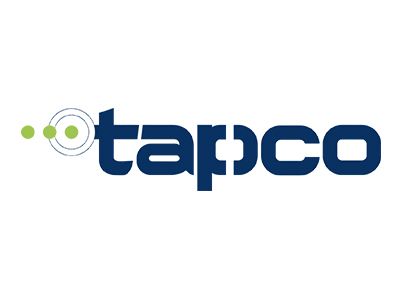 Logo of Tapco: dark blue text with green circles and lines to the left of the company name.