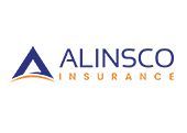Alinsco Insurance logo: a blue triangle with orange detail beside the company name in blue, 