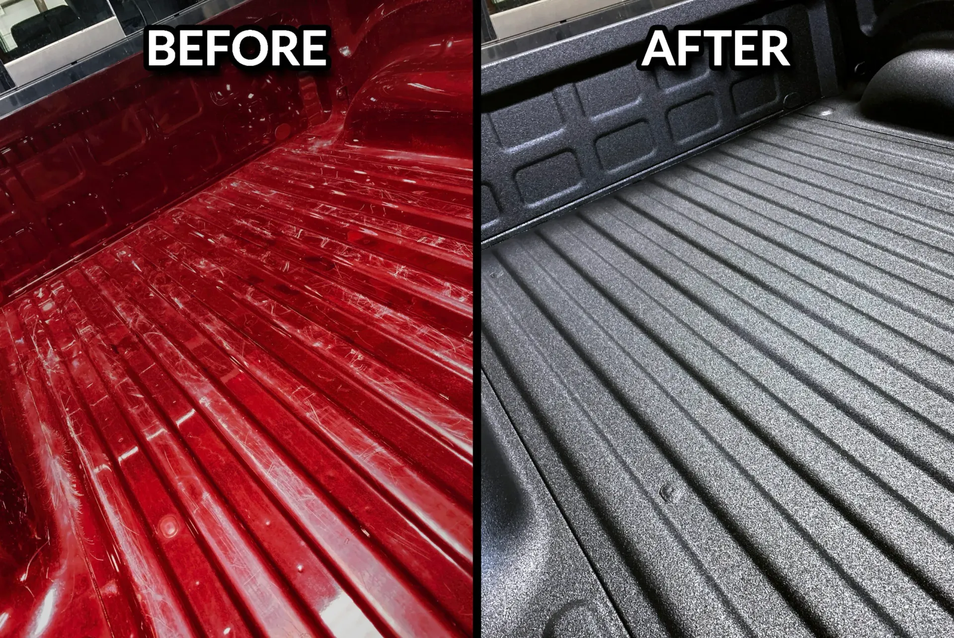 A before and after picture of a red truck bed