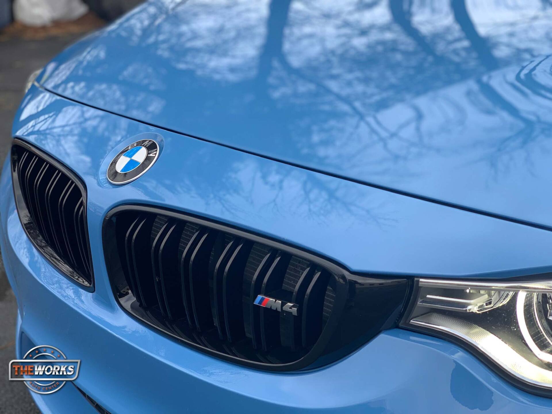 Blue BMW M4 with black grille, M emblem, and shiny hood.