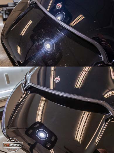 A before and after photo of a black car 's hood
