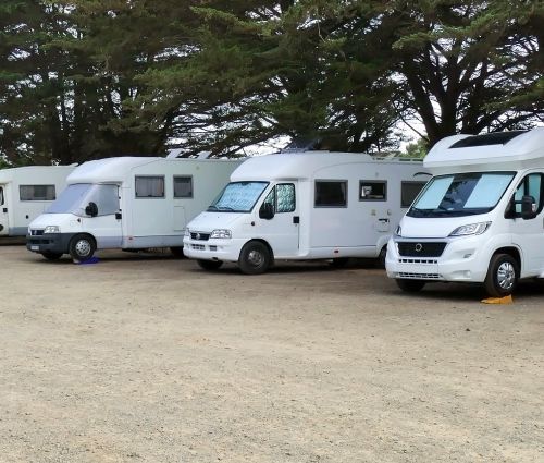 Several white RVs parked on a gravel lot under a cloudy sky.