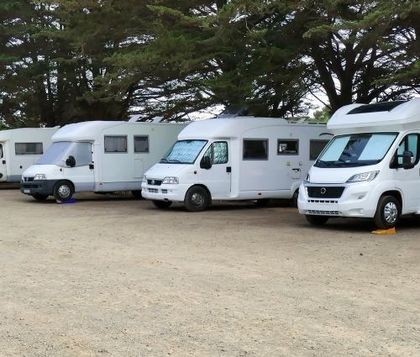 Several white RVs parked on a gravel lot under a cloudy sky.