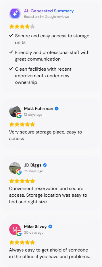 Reviews for Liberty Bend Storage. Secure storage units, friendly staff, and clean facilities are highlighted.