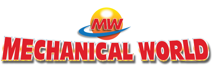 Mechanical World logo in red, with orange and yellow orb and blue swoosh behind