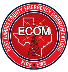 Circular logo for East Harris County Emergency Communications with a Texas map outline, radio tower, and ECOM text.