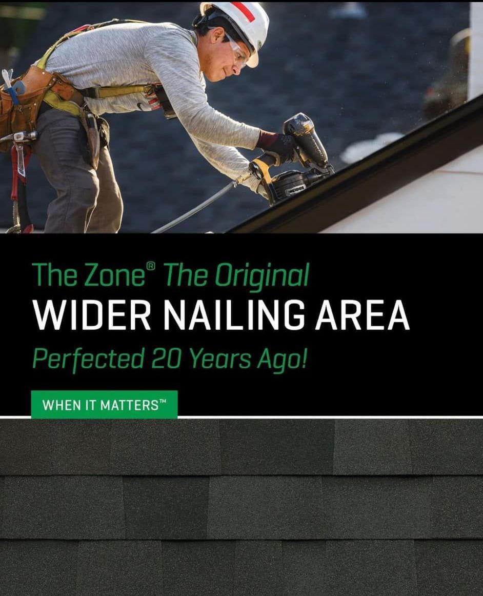 A man is working on a roof with the words 
