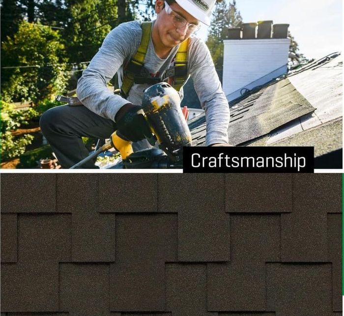 A man is working on a roof with the words craftsmanship above him