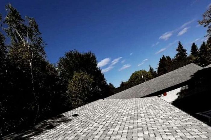 A roof with a blue sky and trees in the background