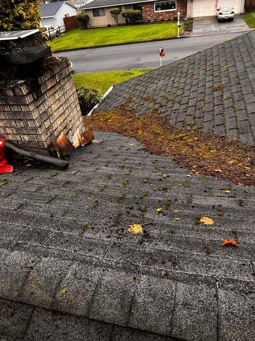 A roof with a chimney on it and leaves on it.