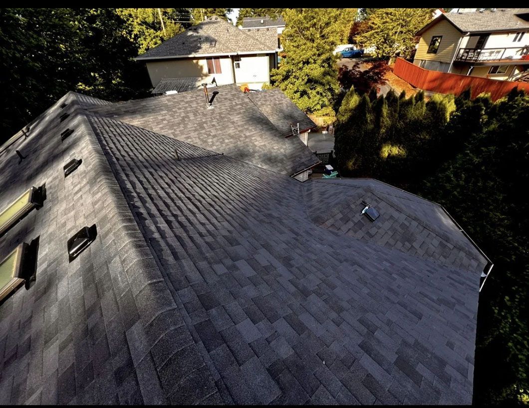 An aerial view of a roof of a house surrounded by trees.