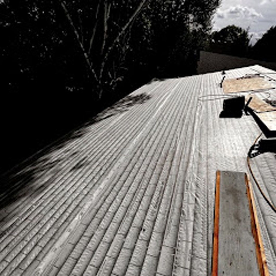 A black and white photo of a roof with trees in the background.