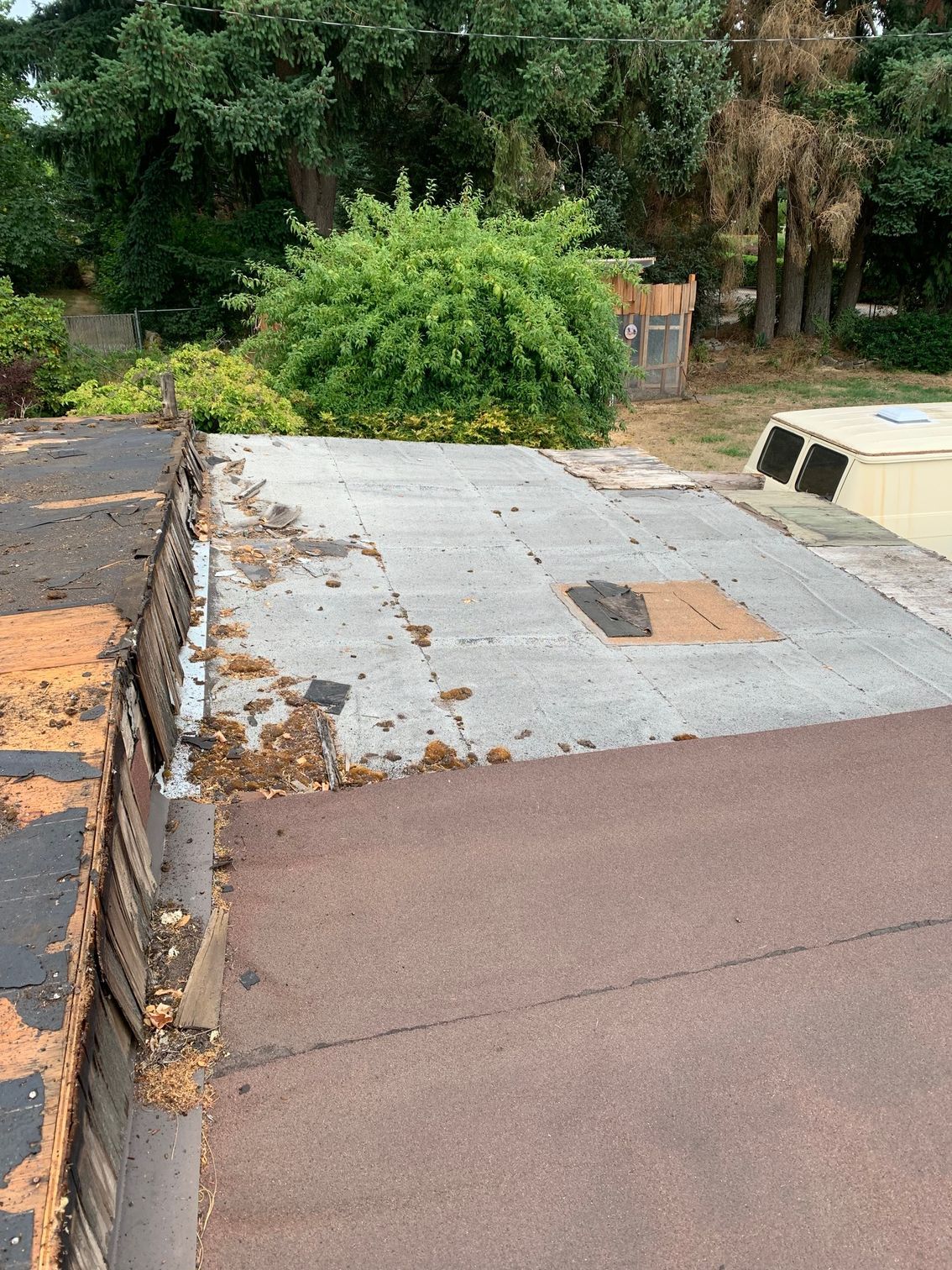 A roof with a hole in it and trees in the background.