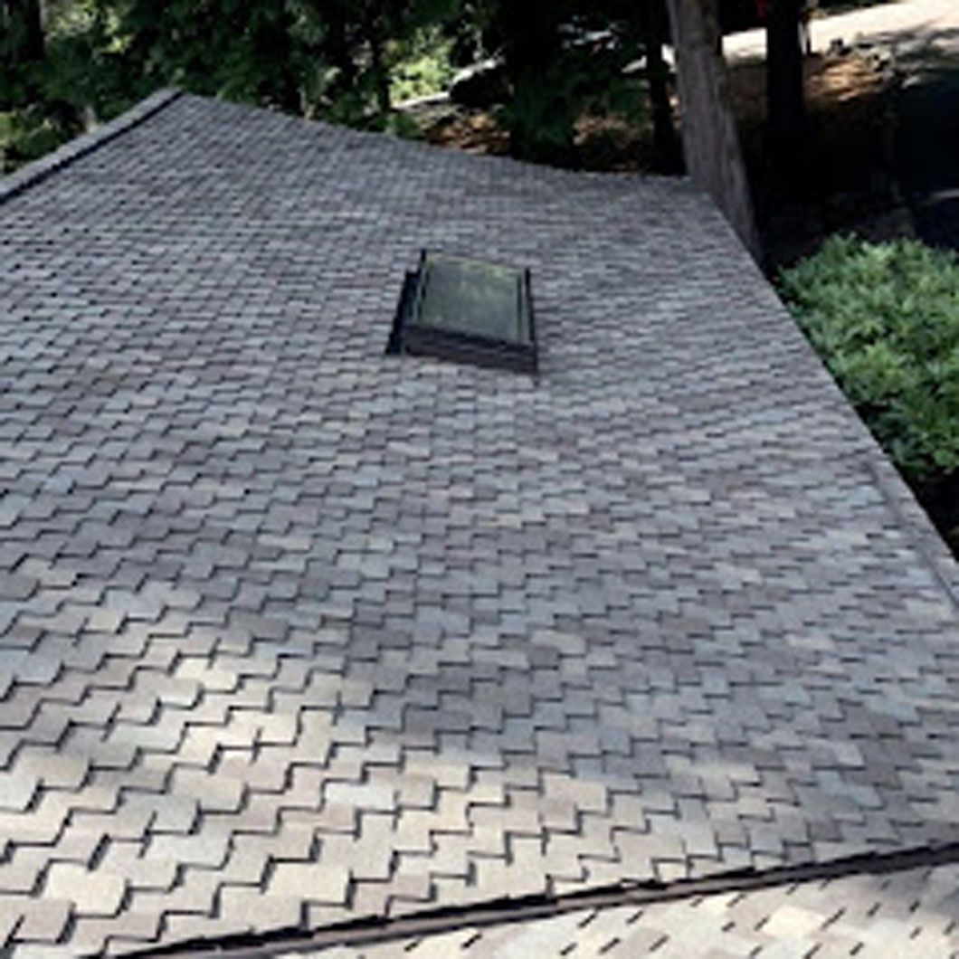 A roof with a skylight on it and trees in the background.