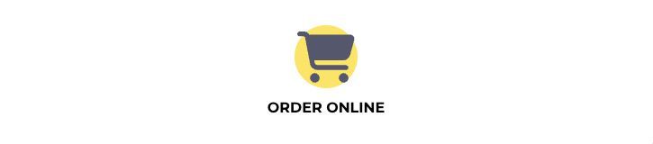 A picture of a shopping cart with the words order online below it.