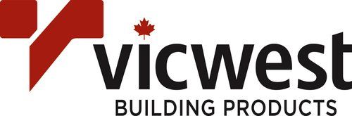 Logo de Vicwest Building Products; carré rouge et forme en « Y », avec une feuille d'érable, texte noir.