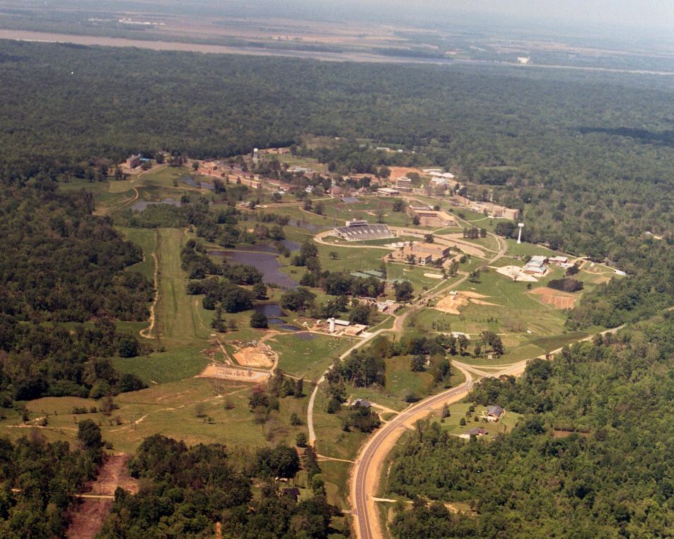 An aerial view of a residential area surrounded by trees and a road