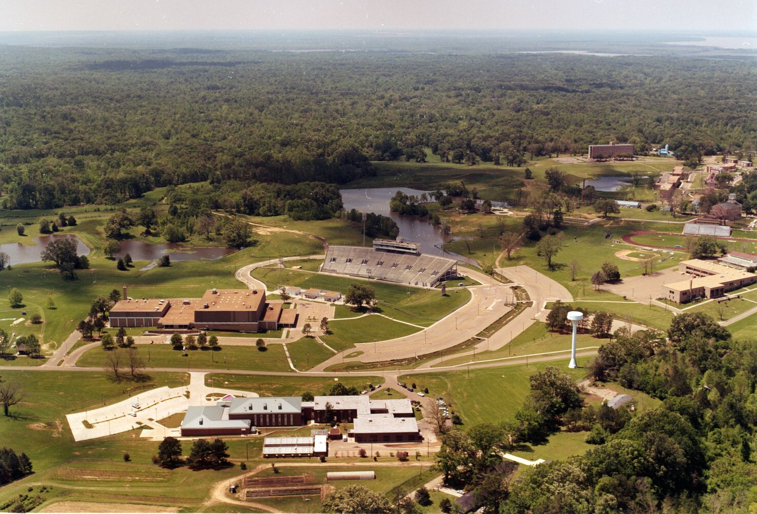 An aerial view of a school surrounded by trees and grass