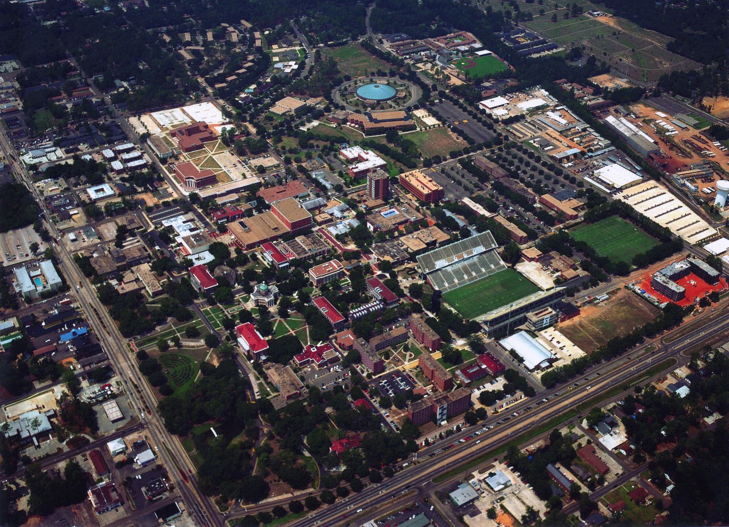An aerial view of a city with lots of buildings