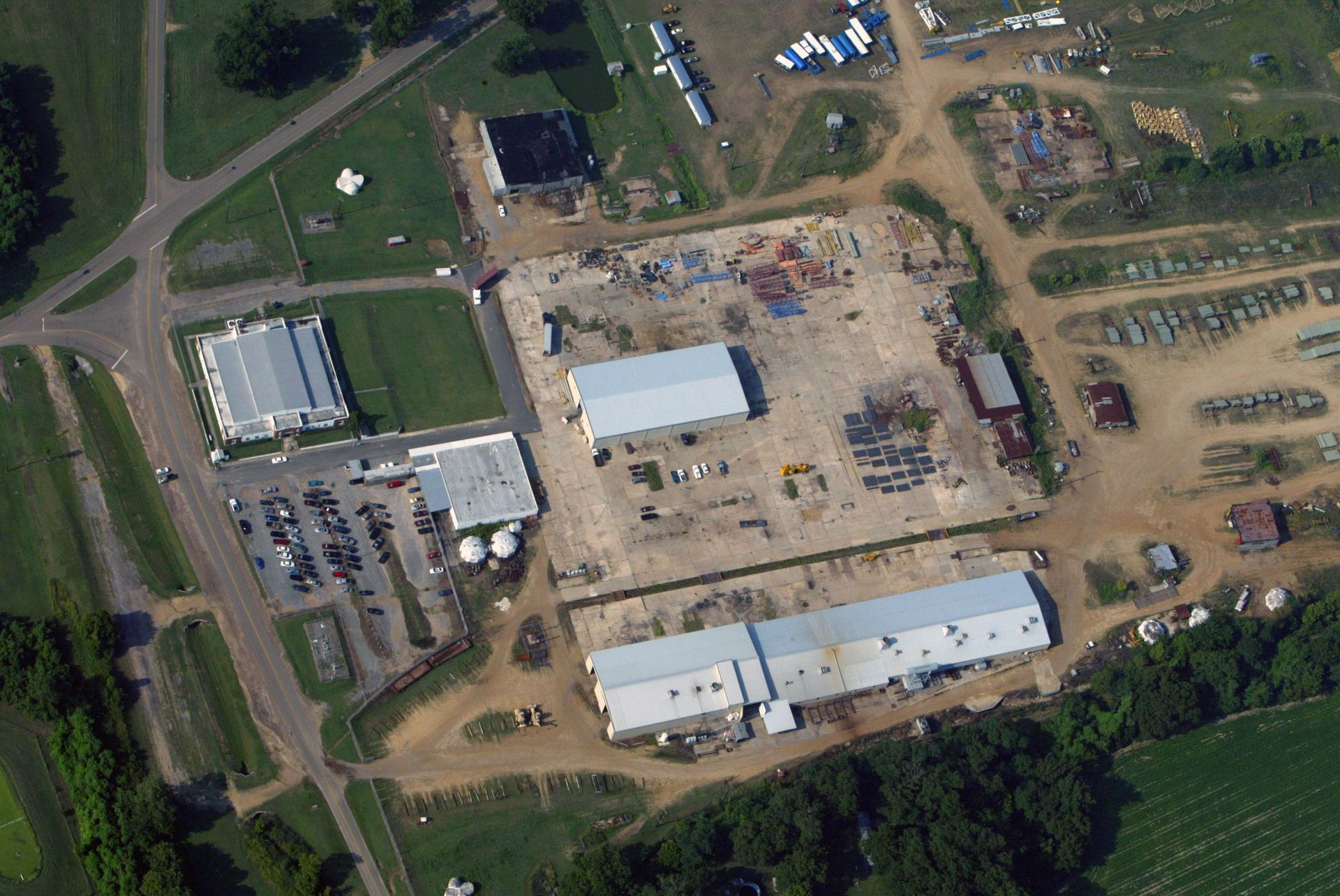 An aerial view of a large industrial area with lots of buildings